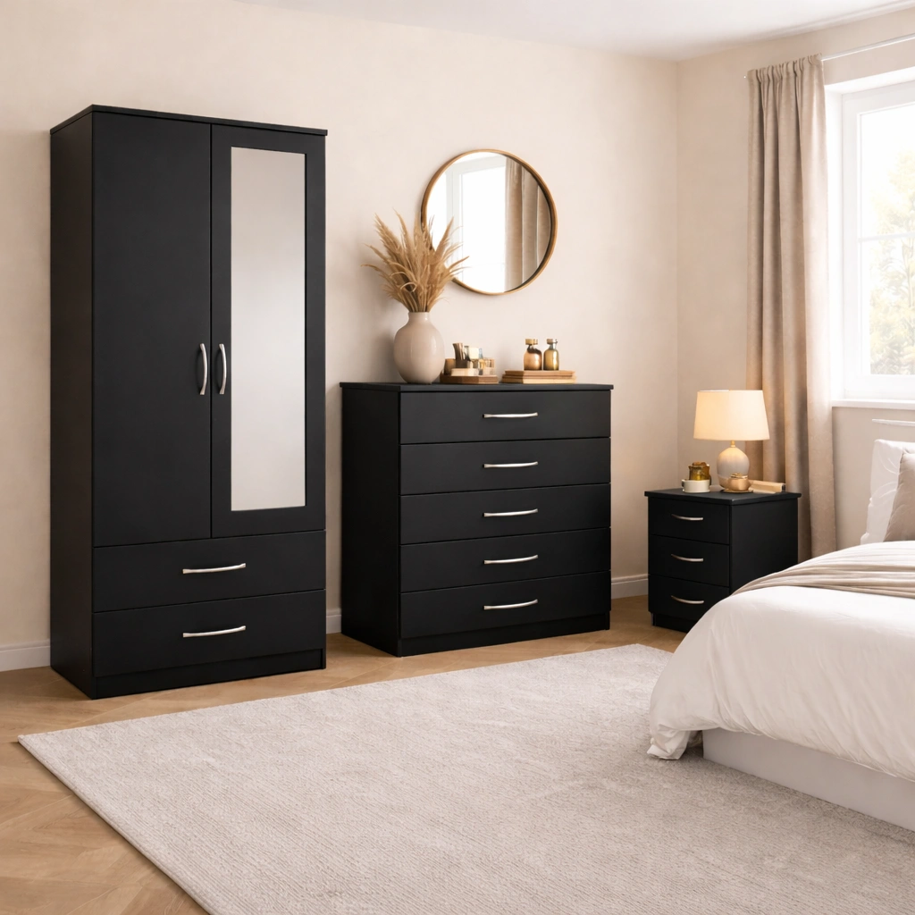 2 door wardrobe with 1 chester & bedside table