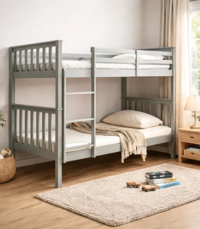 Single wooden bunk bed with mattresses