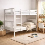 Single wooden bunk bed with mattresses