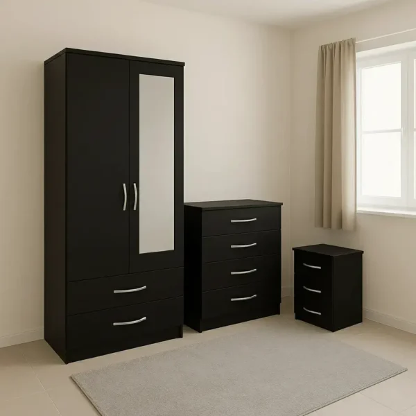 2 door wardrobe with chest and bedside table