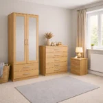2 door mirrored wardrobe with 1 chest & bedside table
