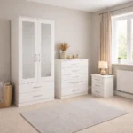 2 door mirrored wardrobe with 1 chest & bedside table