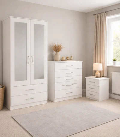 2 door mirrored wardrobe with 1 chest & bedside table