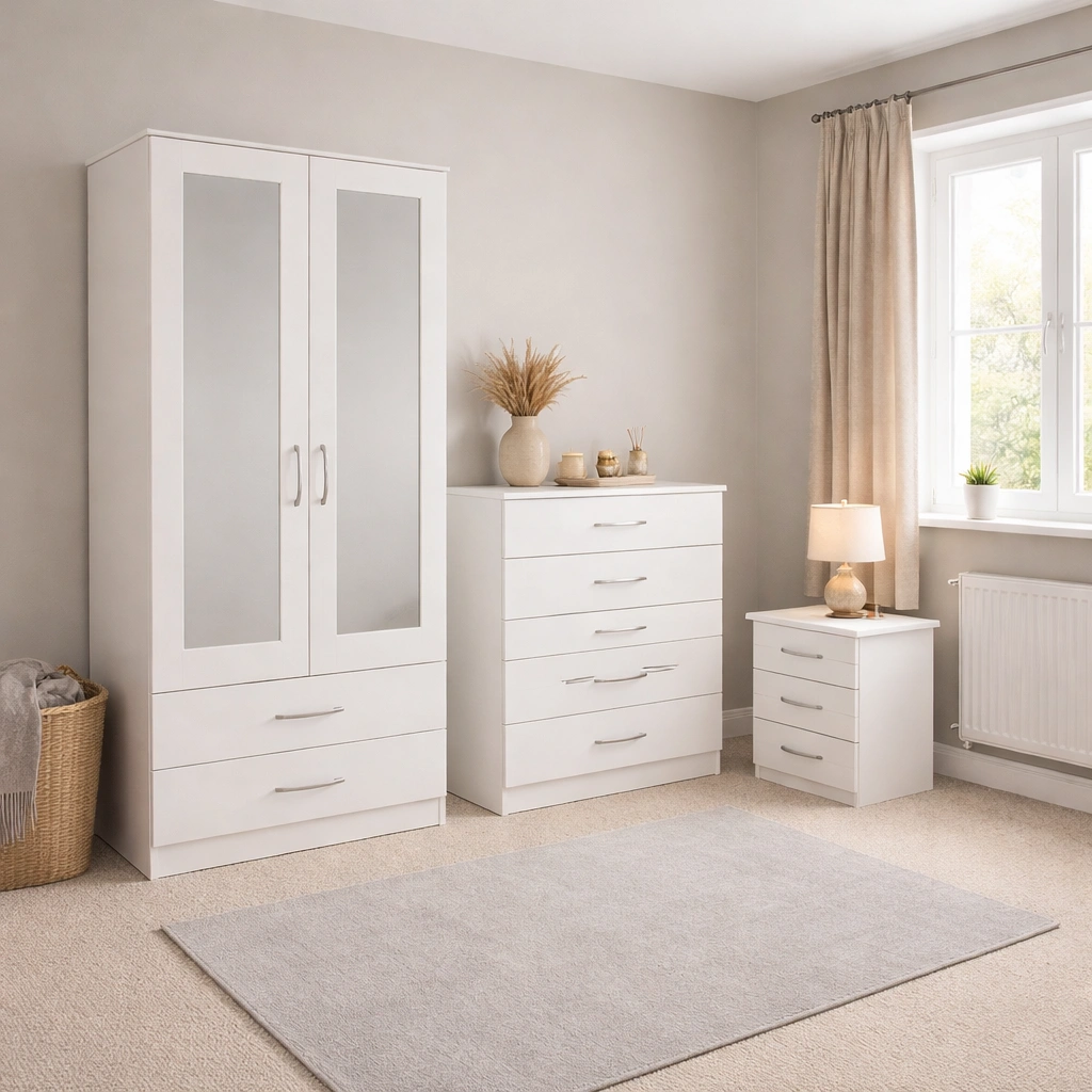 2 door mirrored wardrobe with 1 chest & bedside table