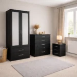 2 door mirrored wardrobe with 1 chest & bedside table