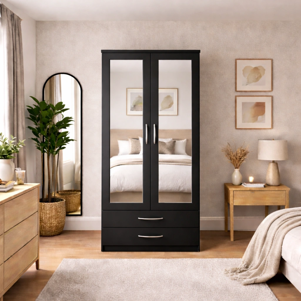 2 door mirrored wardrobe with drawers