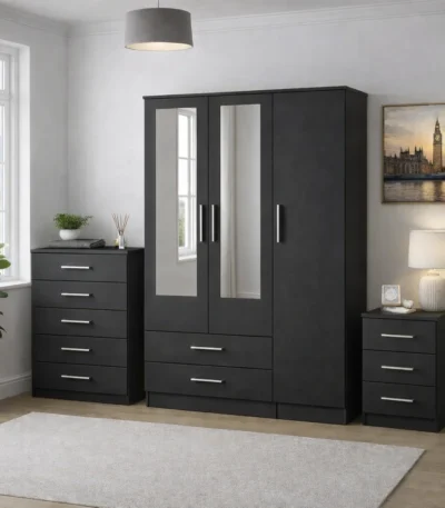 3 door wardrobe with chest of drawers and bedside table