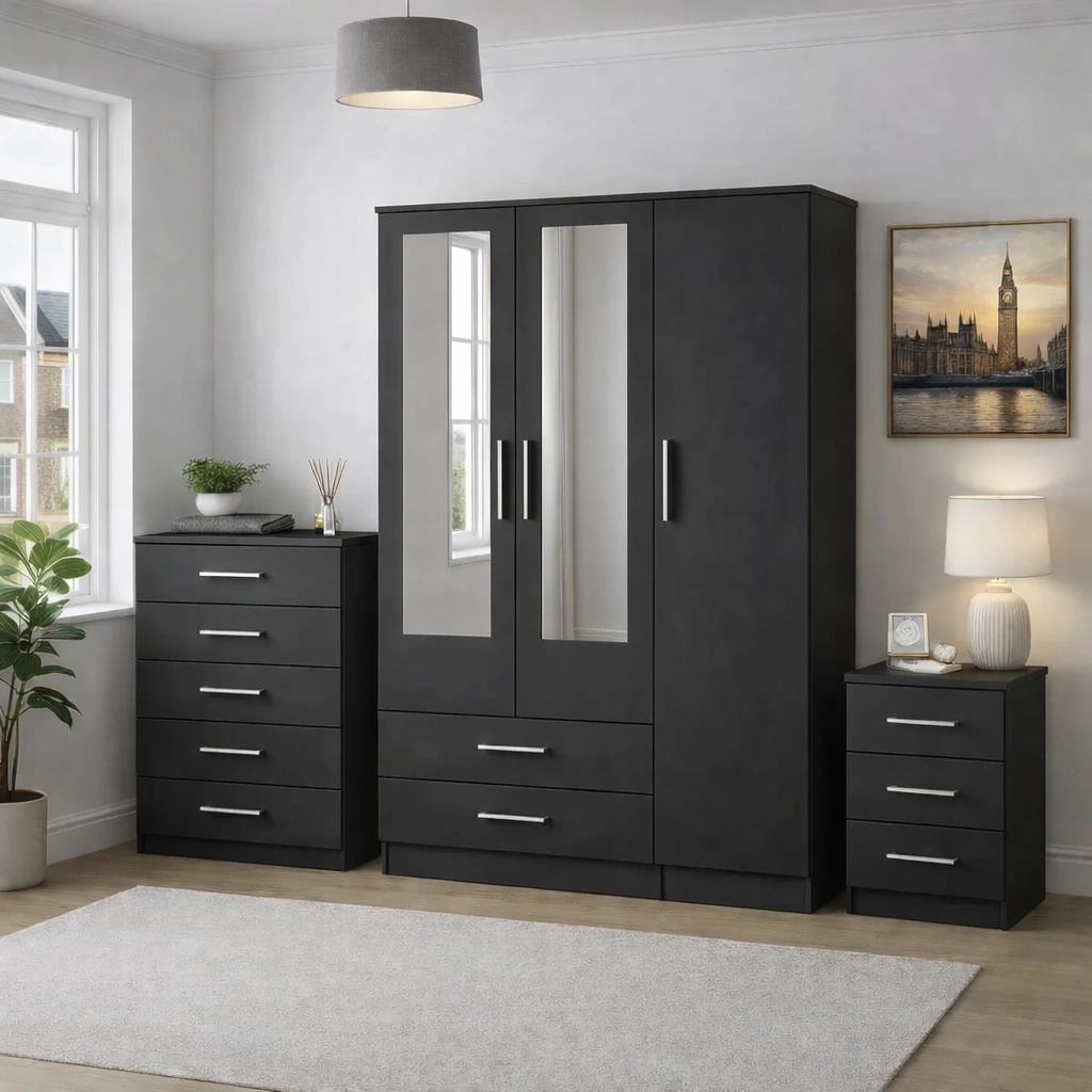 3 door wardrobe with chest of drawers and bedside table