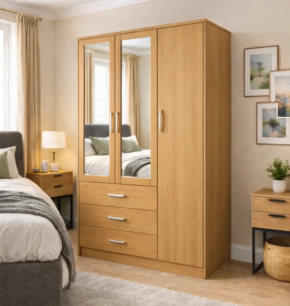 3 door wardrobe with mirror doors and bottom drawers