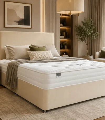 Double Divan Bed with Mattress in cream fabric styled in a modern UK bedroom with upholstered headboard and luxury mattress