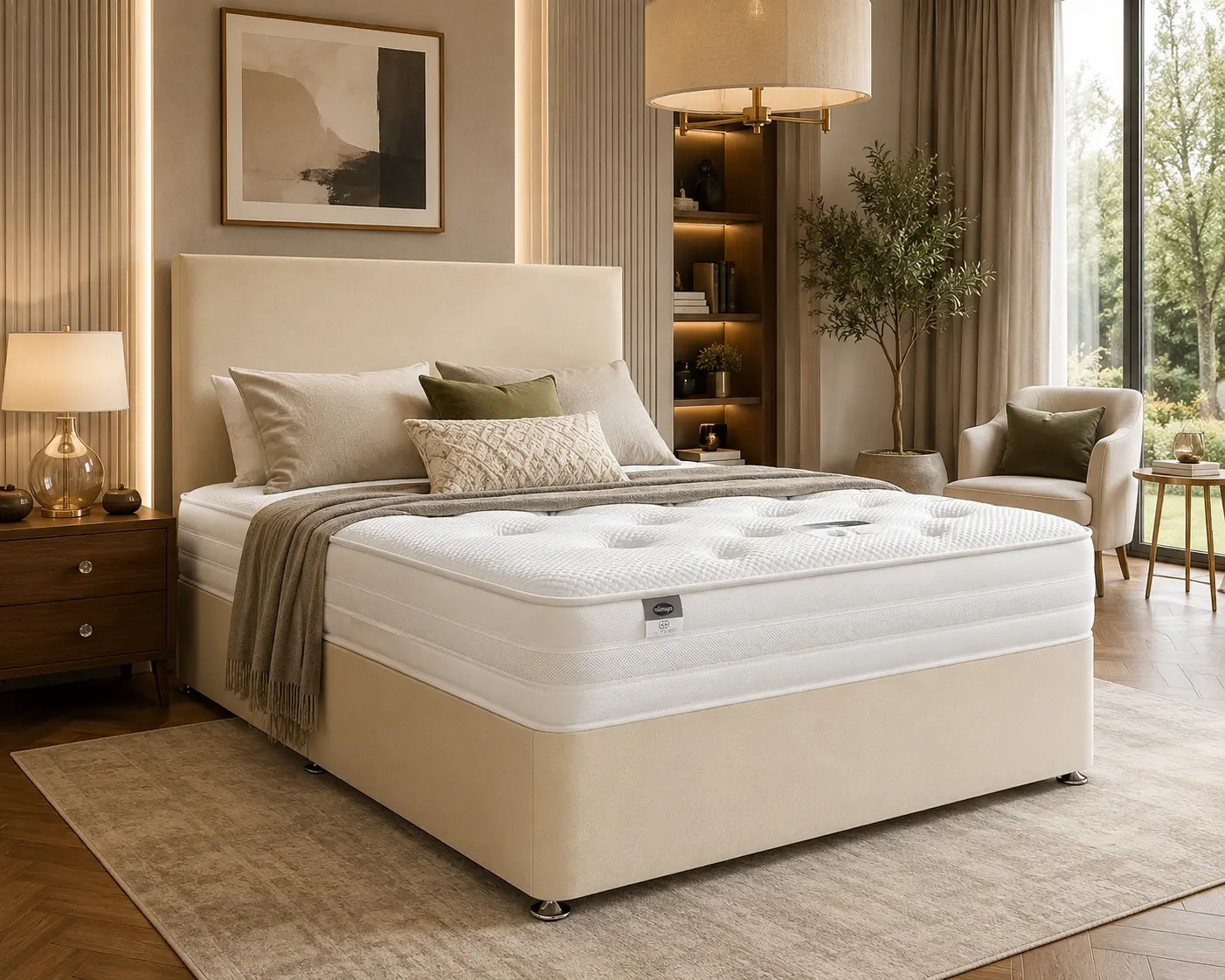 double-divan-bed-with-mattress-cream-modern-bedroom Double Divan Bed with Mattress in cream fabric styled in a modern UK bedroom with upholstered headboard and luxury mattress