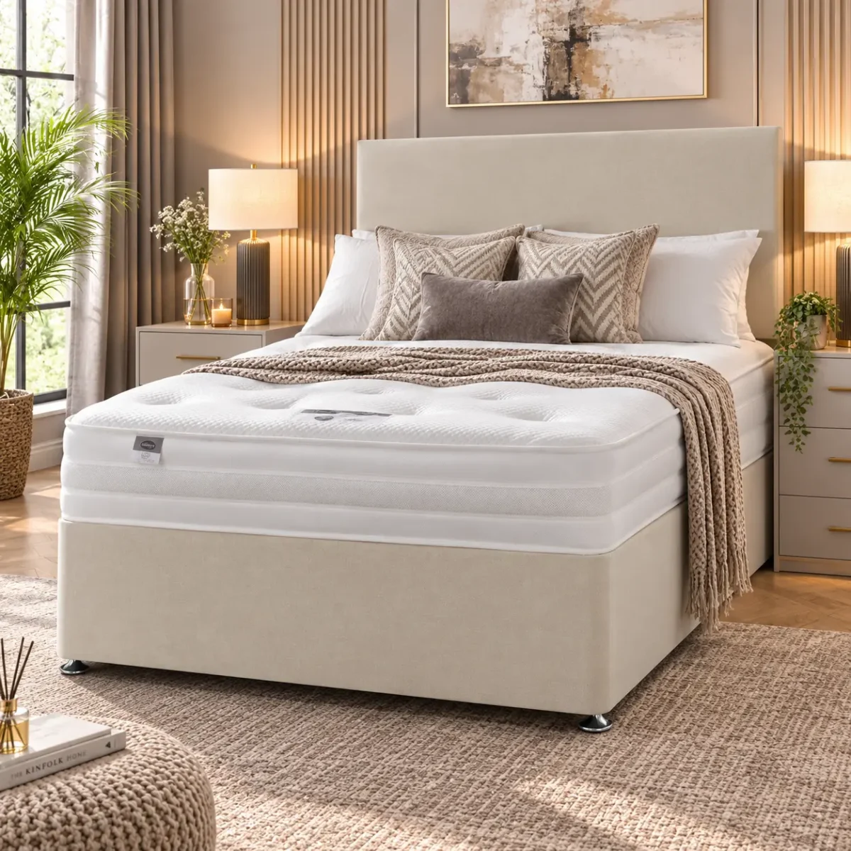 Double Divan Bed with Mattress in cream fabric styled in a modern UK bedroom with upholstered headboard and luxury mattress